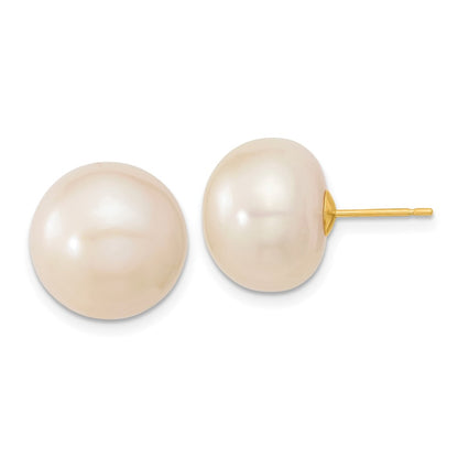 PGE 14k 13-14mm White Button Freshwater Cultured Pearl Stud Post Earrings