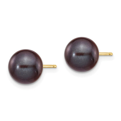 PGE 14k 8-9mm Black Round Freshwater Cultured Pearl Stud Post Earrings