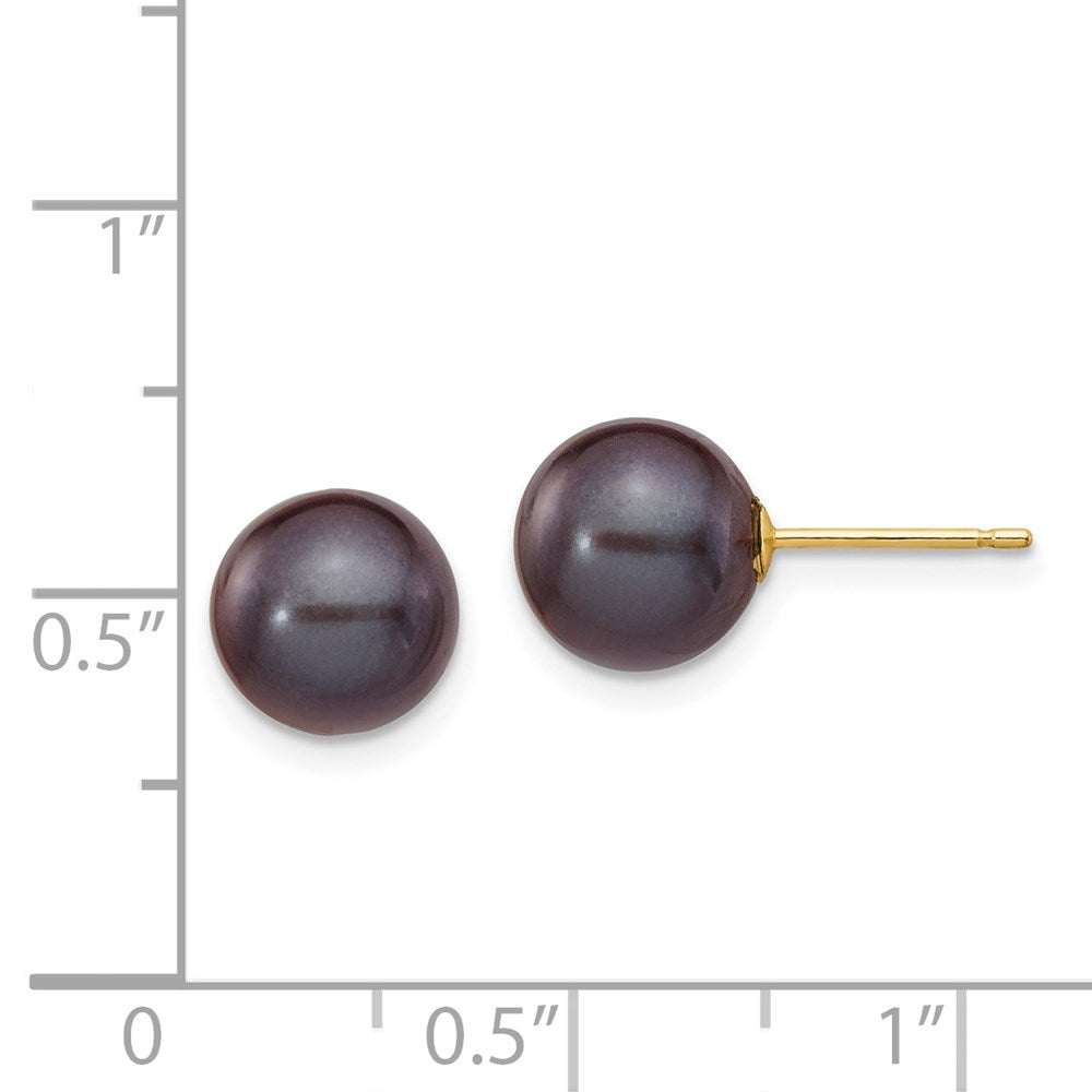 PGE 14k 8-9mm Black Round Freshwater Cultured Pearl Stud Post Earrings