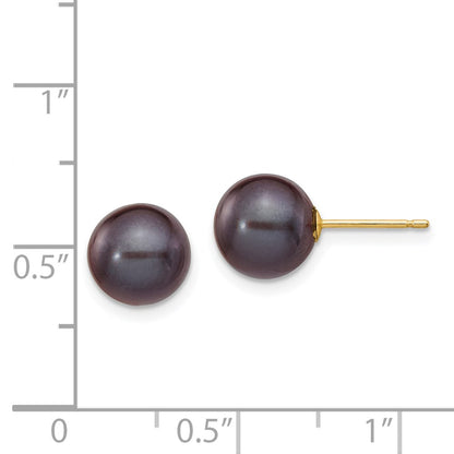 PGE 14k 8-9mm Black Round Freshwater Cultured Pearl Stud Post Earrings