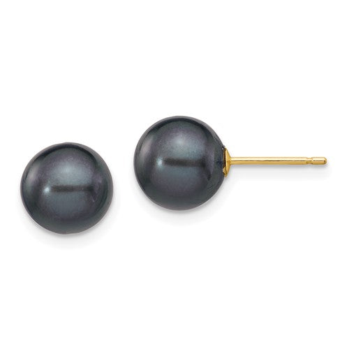 PGE 14k 8-9mm Black Round Freshwater Cultured Pearl Stud Post Earrings