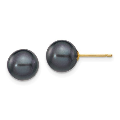 PGE 14k 8-9mm Black Round Freshwater Cultured Pearl Stud Post Earrings