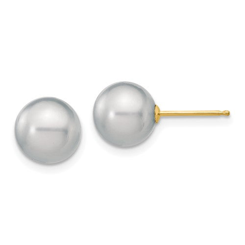 PGE 14k 8-9mm Grey Round Freshwater Cultured Pearl Stud Post Earrings