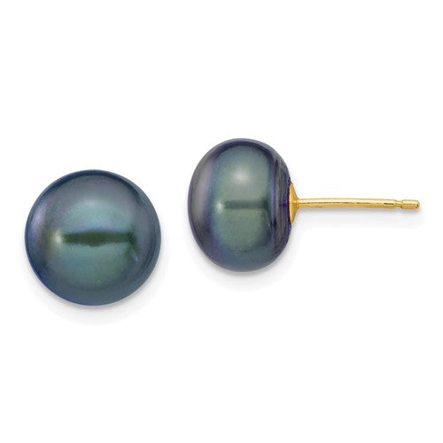 PGE 14k 9-10mm Black Button Freshwater Cultured Pearl Stud Post Earrings