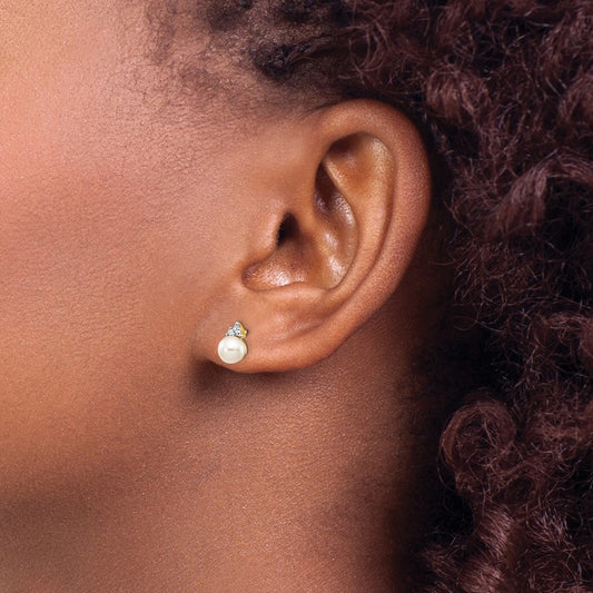PGE 14k 5-6mm White Round Freshwater Cultured Pearl and .01 carat Diamond Post Earrings