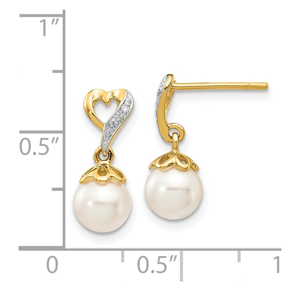 PGE 14k 6-7mm White Round Freshwater Cultured Pearl and .01 carat Diamond Heart Dangle Post Earrings