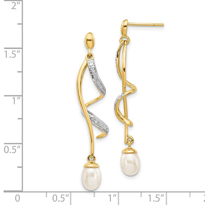 PGE 14k 7x5mm White Teardrop Freshwater Cultured Pearl and .01 carat Diamond Dangle Post Earrings