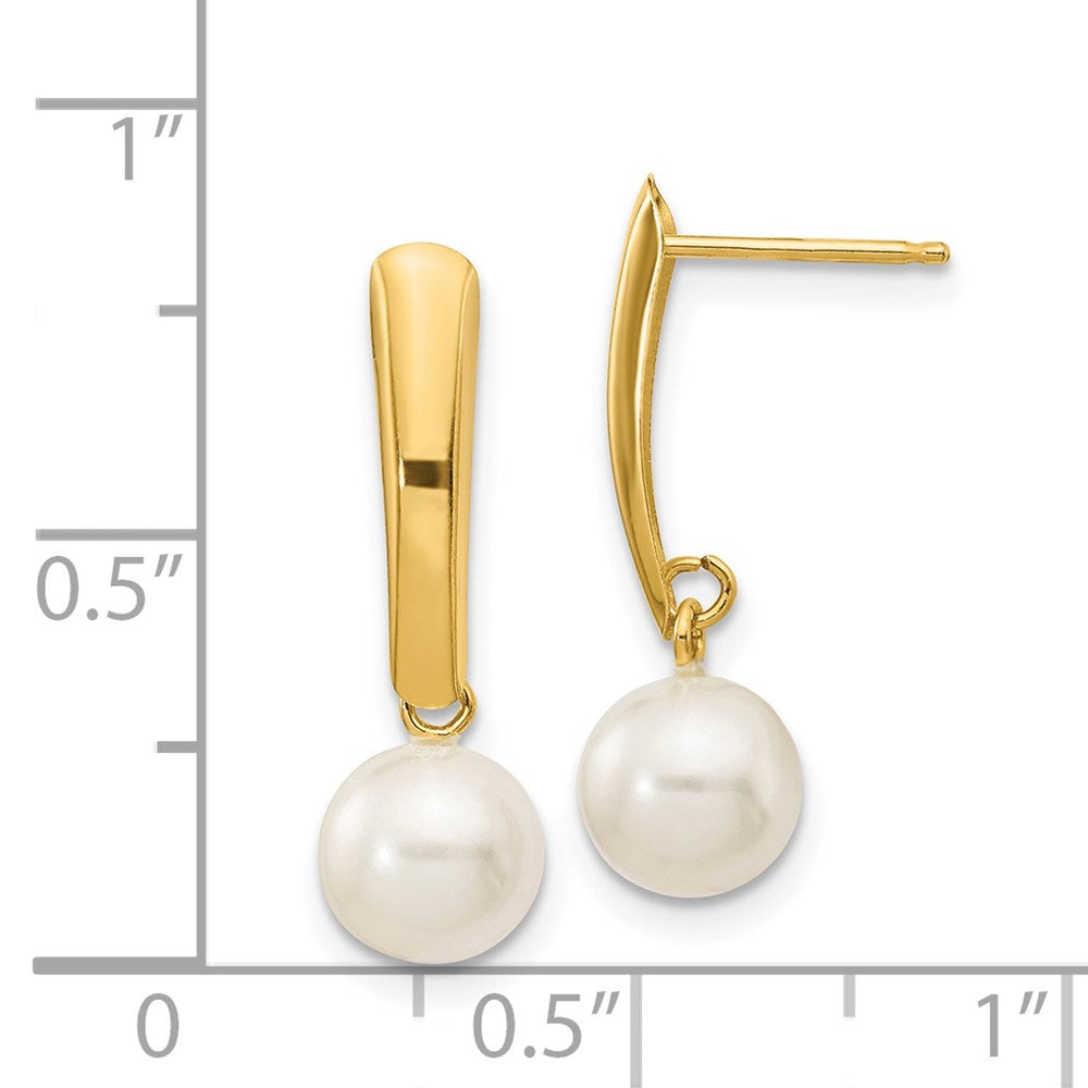 PGE 14K 6-7mm White Round Freshwater Cultured Pearl Post Dangle Earrings