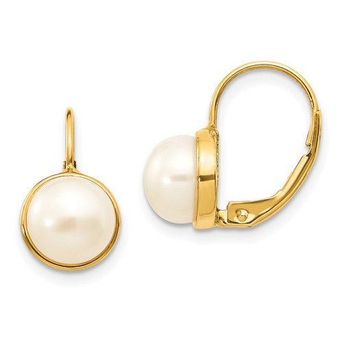 PGE 14K 6-7mm White Button Freshwater Cultured Pearl Leverback Earrings