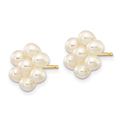 PGE 14k 3-4mm White Egg-shape Freshwater Cultured Pearl Flower Post Earrings