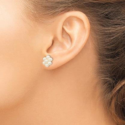 PGE 14k 3-4mm White Egg-shape Freshwater Cultured Pearl Flower Post Earrings