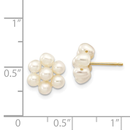 PGE 14k 3-4mm White Egg-shape Freshwater Cultured Pearl Flower Post Earrings