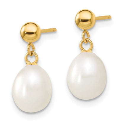 PGN 14k 7-8mm White Rice Freshwater Cultured Pearl 18 inch Necklace and Post Earring Set