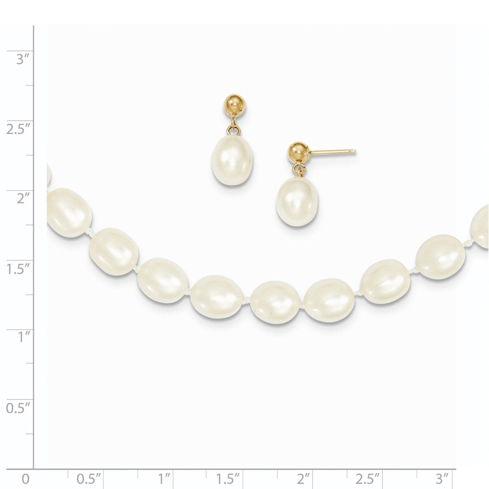 PGN 14k 7-8mm White Rice Freshwater Cultured Pearl 18 inch Necklace and Post Earring Set