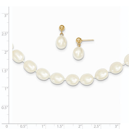 PGN 14k 7-8mm White Rice Freshwater Cultured Pearl 18 inch Necklace and Post Earring Set