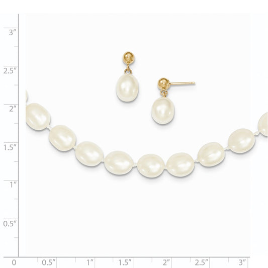 PGN 14k 7-8mm White Rice Freshwater Cultured Pearl 18 inch Necklace and Post Earring Set