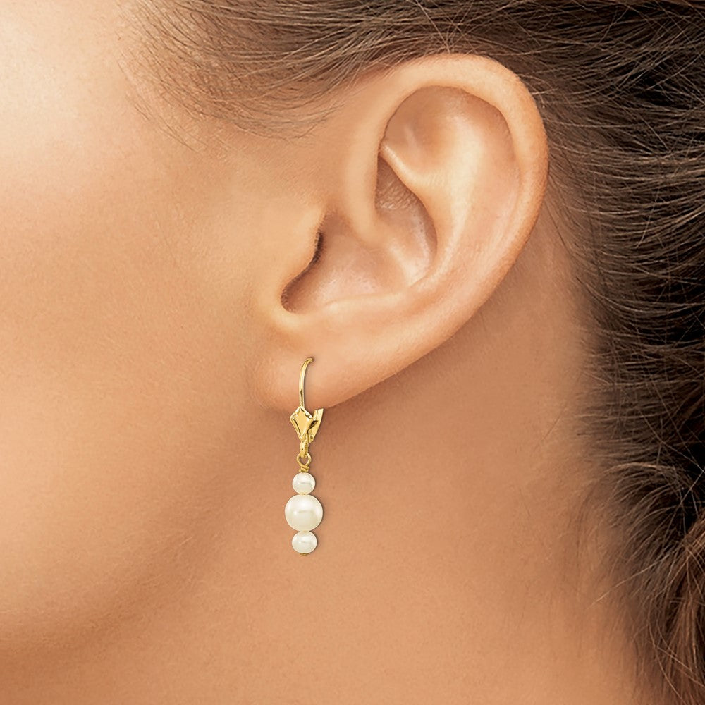 PGE 14k 3-3.5mm and 5-5.5mm White Semi-Round Freshwater Cultured Pearl Dangle Leverback Earrings