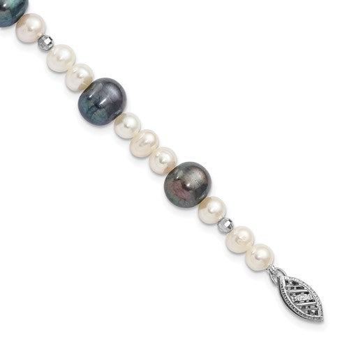 PGB 14k White Gold Black and White Semi-Round Freshwater Cultured and Mirror Bead 7.5 inch Bracelet