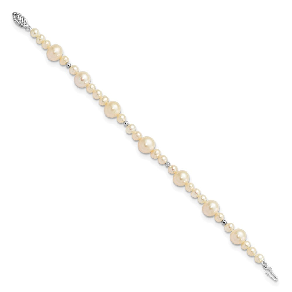 PGB 14k White Gold 5-9mm White Near-Round Freshwater Cultured Pearl Beaded 7.5 inch Bracelet