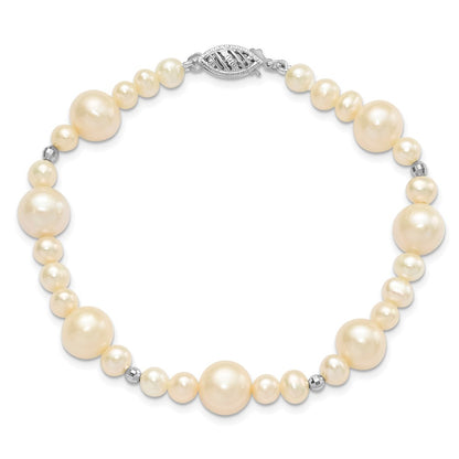 PGB 14k White Gold 5-9mm White Near-Round Freshwater Cultured Pearl Beaded 7.5 inch Bracelet