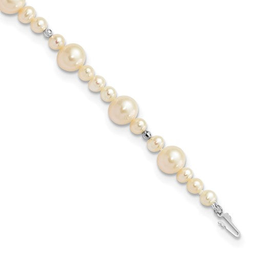 PGB 14k White Gold 5-9mm White Near-Round Freshwater Cultured Pearl Beaded 7.5 inch Bracelet