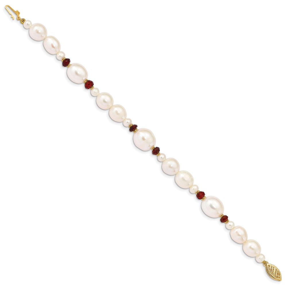 PGB 14K 6-7mm White Semi-Round and Rice Freshwater Cultured Pearl and Garnet Beads 7.25 inch Bracelet