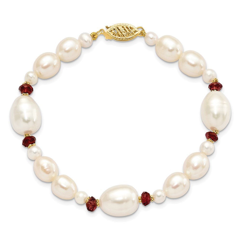 PGB 14K 6-7mm White Semi-Round and Rice Freshwater Cultured Pearl and Garnet Beads 7.25 inch Bracelet