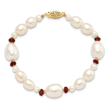 PGB 14K 6-7mm White Semi-Round and Rice Freshwater Cultured Pearl and Garnet Beads 7.25 inch Bracelet