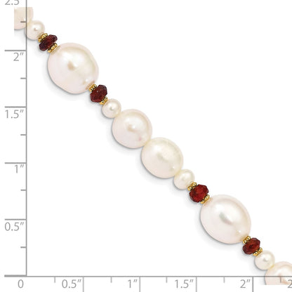 PGB 14K 6-7mm White Semi-Round and Rice Freshwater Cultured Pearl and Garnet Beads 7.25 inch Bracelet