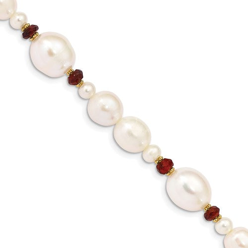 PGB 14K 6-7mm White Semi-Round and Rice Freshwater Cultured Pearl and Garnet Beads 7.25 inch Bracelet