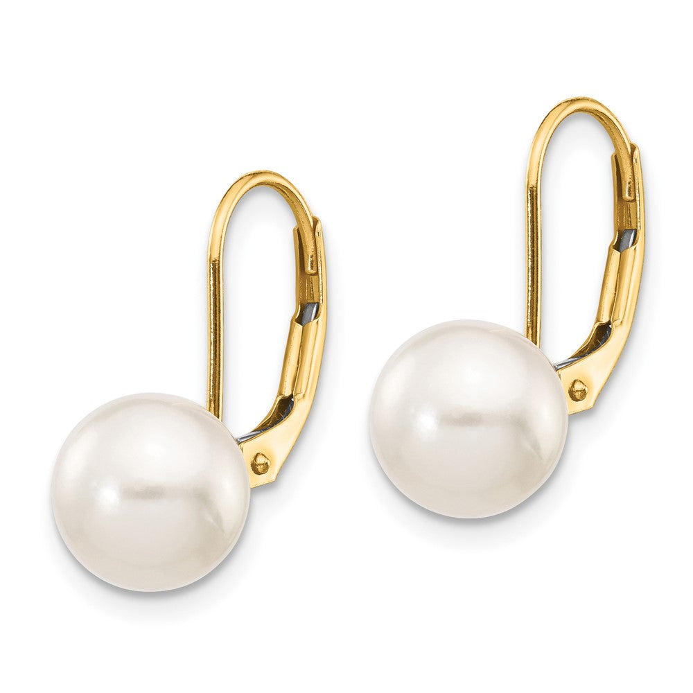 PGE 14k 8-9mm White Round Akoya Saltwater Cultured Pearl Leverback Earrings