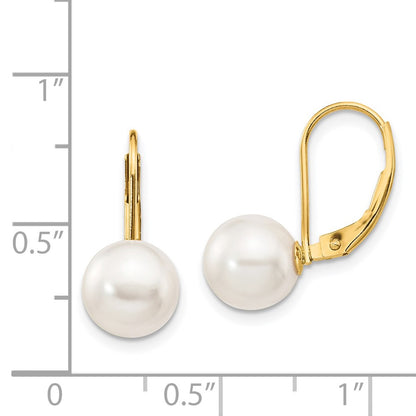 PGE 14k 8-9mm White Round Akoya Saltwater Cultured Pearl Leverback Earrings