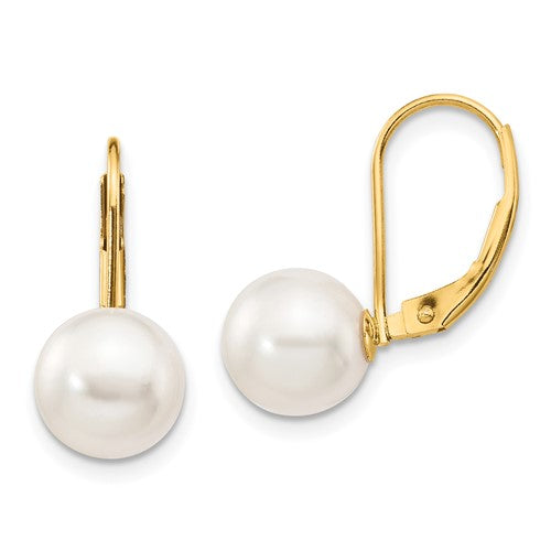 PGE 14k 8-9mm White Round Akoya Saltwater Cultured Pearl Leverback Earrings