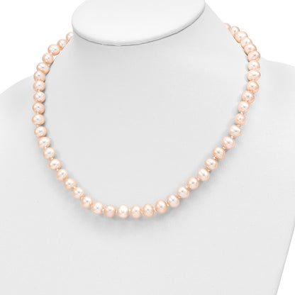 PGN 14k 7-8mm Pink Near-Round Freshwater Cultured Pearl 18 inch Necklace and Button Earring Set