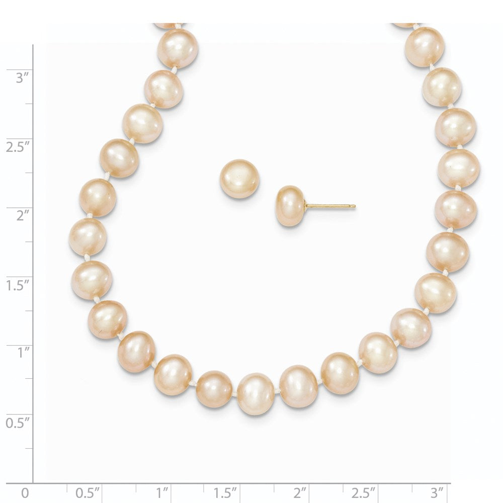PGN 14k 7-8mm Pink Near-Round Freshwater Cultured Pearl 18 inch Necklace and Button Earring Set