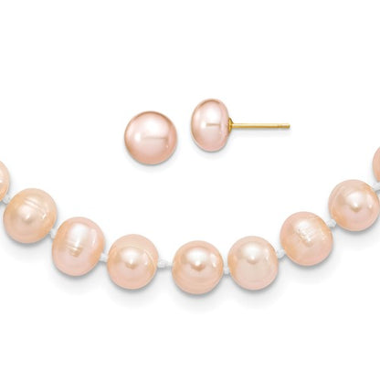 PGN 14k 7-8mm Pink Near-Round Freshwater Cultured Pearl 18 inch Necklace and Button Earring Set