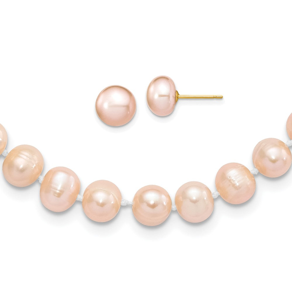 PGN 14k 7-8mm Pink Near-Round Freshwater Cultured Pearl 18 inch Necklace and Button Earring Set