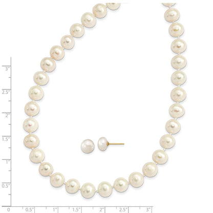 PGN 14k 7-8mm White Near-Round Freshwater Cultured Pearl 18 inch with 2 inch Extension Necklace and Button Earrings Set