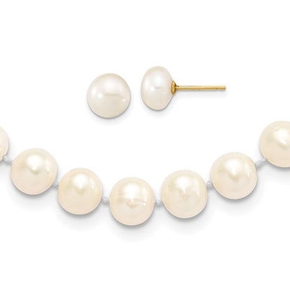 PGN 14k 7-8mm White Near-Round Freshwater Cultured Pearl 18 inch with 2 inch Extension Necklace and Button Earrings Set