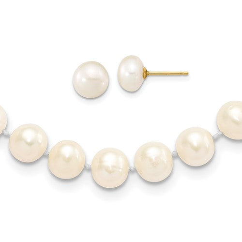PGN 14k 7-8mm White Near-Round Freshwater Cultured Pearl 18 inch with 2 inch Extension Necklace and Button Earrings Set