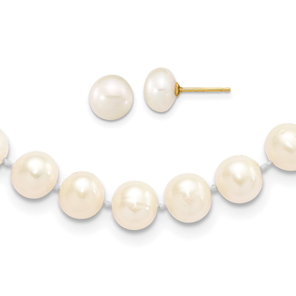 PGN 14k 7-8mm White Near-Round Freshwater Cultured Pearl 18 inch with 2 inch Extension Necklace and Button Earrings Set