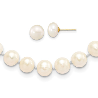PGN 14k 7-8mm White Near-Round Freshwater Cultured Pearl 18 inch with 2 inch Extension Necklace and Button Earrings Set