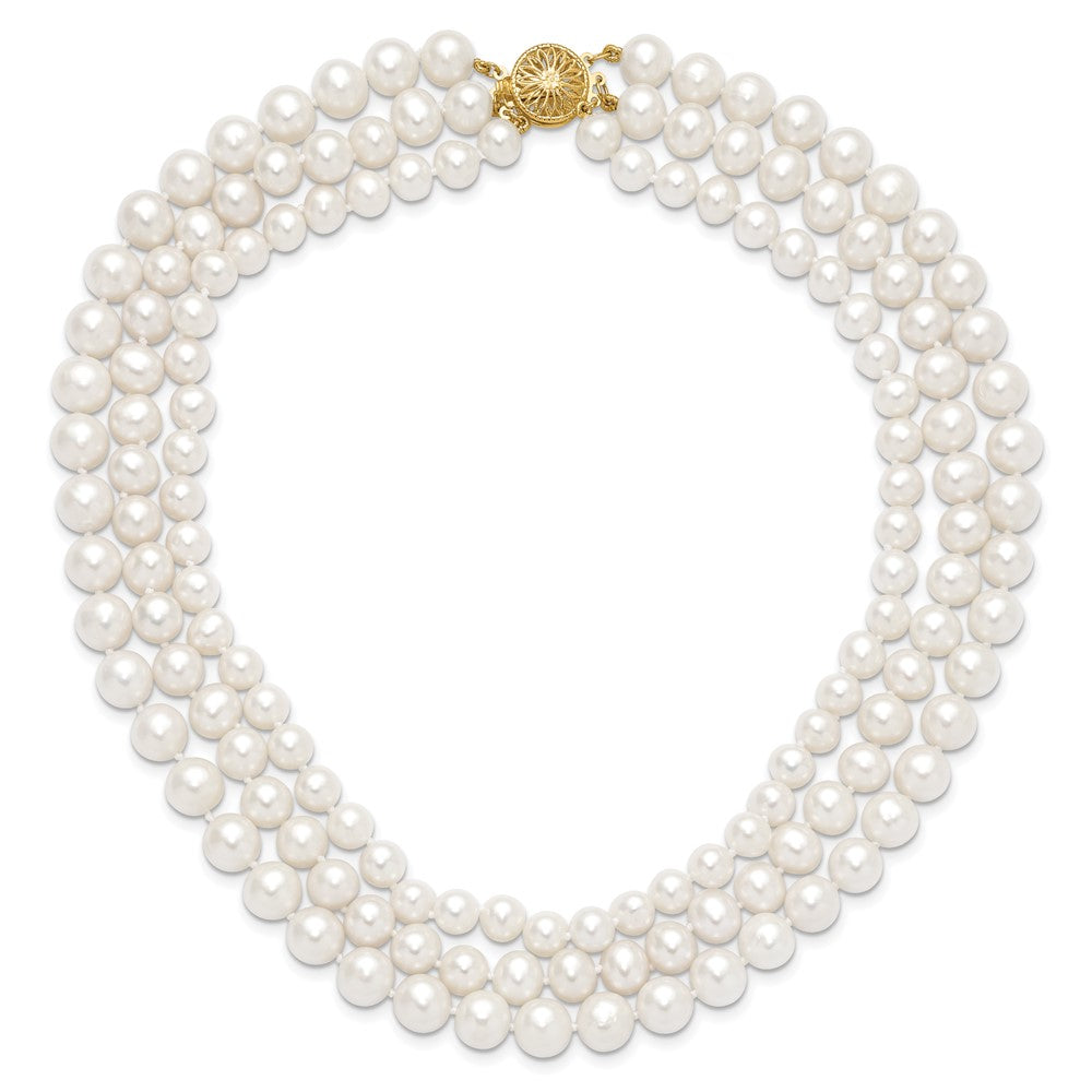 PGN 14k 8-9mm White Near-Round Freshwater Cultured Pearl 3-Strand 16 inch Necklace