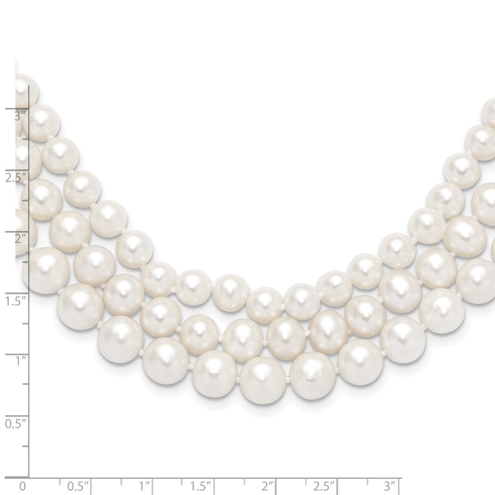 PGN 14k 8-9mm White Near-Round Freshwater Cultured Pearl 3-Strand 16 inch Necklace