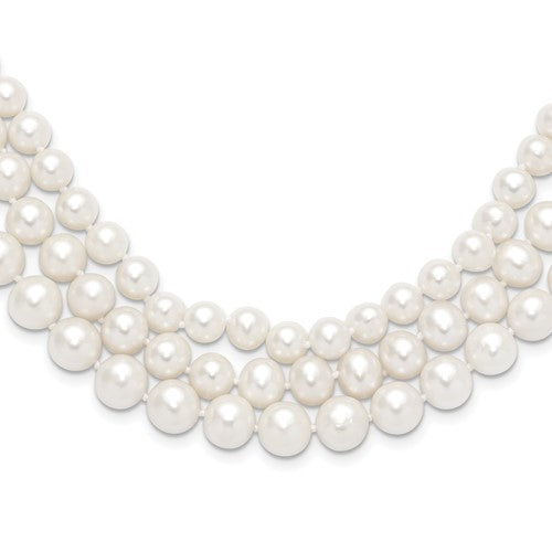 PGN 14k 8-9mm White Near-Round Freshwater Cultured Pearl 3-Strand 16 inch Necklace