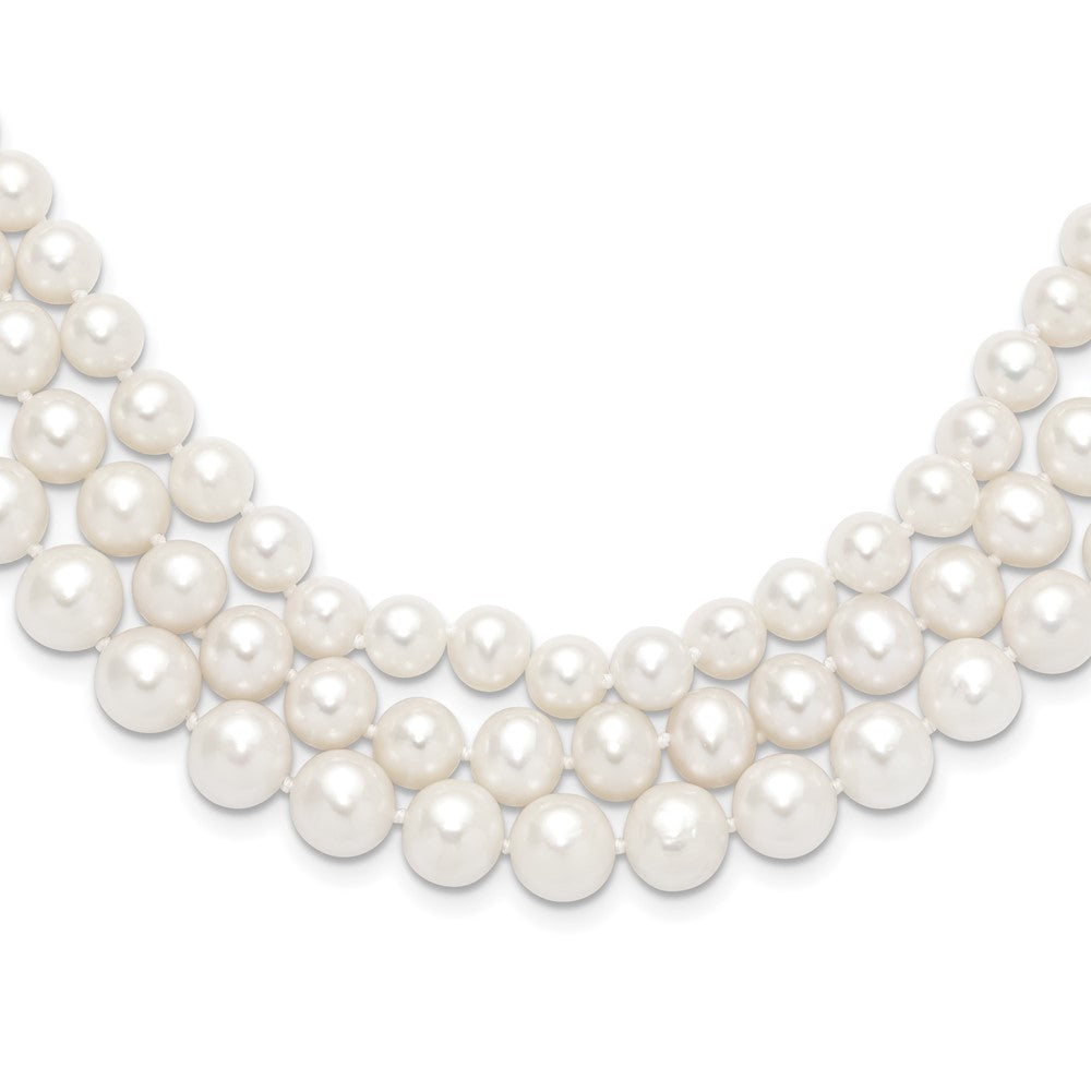 PGN 14k 8-9mm White Near-Round Freshwater Cultured Pearl 3-Strand 16 inch Necklace