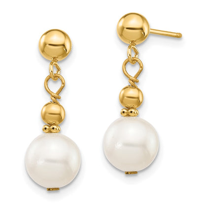 PGE 14K 7-8mm White Semi-round Freshwater Cultured Pearl Post Dangle Earrings