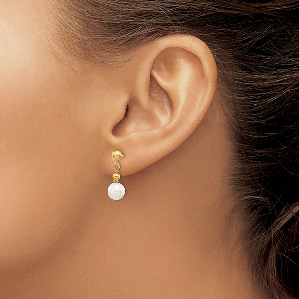 PGE 14K 7-8mm White Semi-round Freshwater Cultured Pearl Post Dangle Earrings