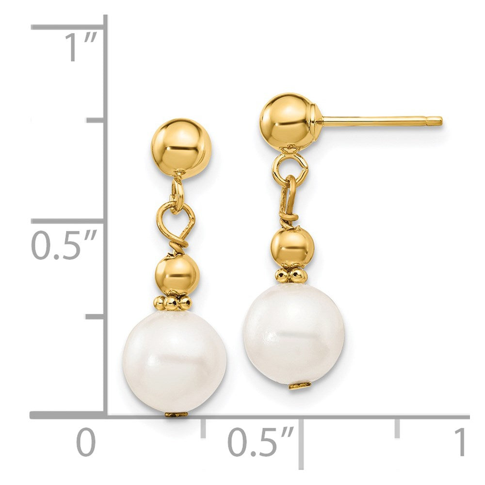 PGE 14K 7-8mm White Semi-round Freshwater Cultured Pearl Post Dangle Earrings