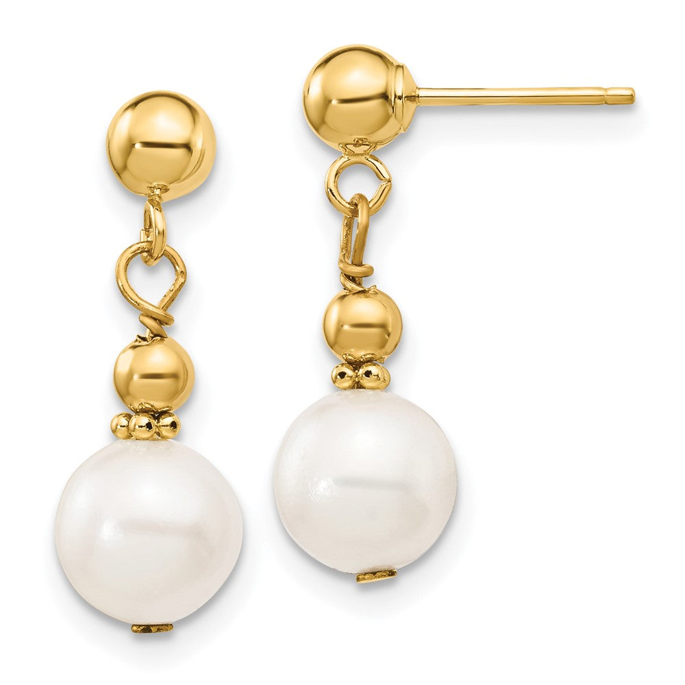 PGE 14K 7-8mm White Semi-round Freshwater Cultured Pearl Post Dangle Earrings